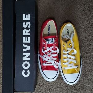 Converse-one red, one yellow, size W8